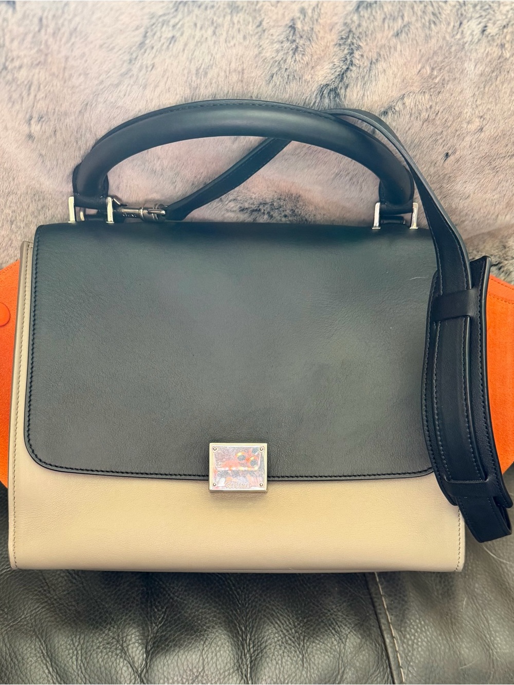 Celine Two-Tone Leather Satchel in Black, Cream & Orange